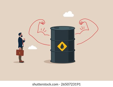Petróleo bruto fazendo um gesto forte. Alta estima. Pense grande, aspiração de vencer e sucesso nos negócios. Preço de commodities para negociação e investimento, Arroz agrícola, Petróleo bruto. Ilustração vetorial moderna