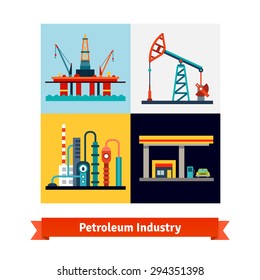 Crude oil extraction, refining and selling business. Sea petroleum rig, pump, refinery and gas station. Flat style isolated vector illustration.