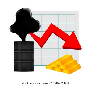 crude oil with falling graph and gold bar symbol red arrow isolated on white background, black crude oil drop and spill, icon of crude oil price decrease and petroleum oil industry concept