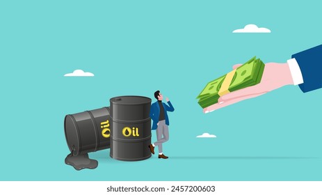 crude oil investment transactions, global petroleum buying and selling, buy crude oil stocks to make a profit, smart businessman haggling over the price of crude oil in barrels to exchange for dollars