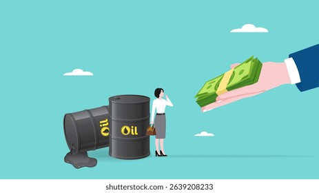 crude oil investment transactions, global petroleum buying and selling, buy crude oil stocks to make a profit, smart woman haggling over the price of crude oil in barrels to exchange for dollars
