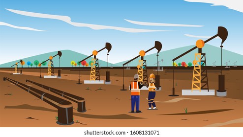 Crude oil mining site on a sunny morning with blue clouds. Two protection officers are controlling the situation in the oil mining, with orange color project vest and project helmet