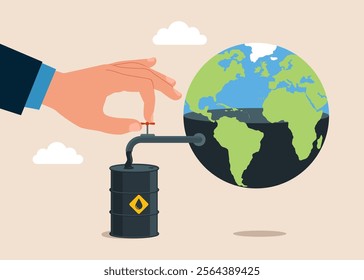 Crude oil out of the tap. Sale of petroleum products and fuels. Global trading oil. Under earth is running out of crude oil. Modern flat vector illustration.