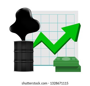 crude oil with pointing up graph and dollars symbol green arrow isolated on white background, black metal barrel and crude oil drop and spill, icon of crude oil price rise petroleum oil industry conce
