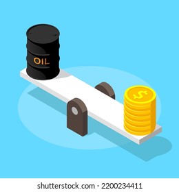 Crude oil price. Oil barrel or drum and dollar coin on balance scale. 3D isometric illustration. Isolated vector for presentation, infographic, website, apps and other uses.