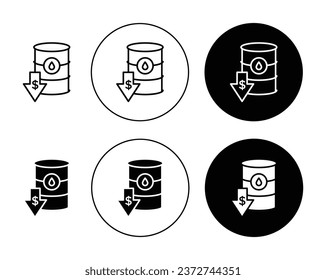 Crude oil price decrease Vector Icon Set. Fuel barrel with reduced prices sign in black filled and outlined style.