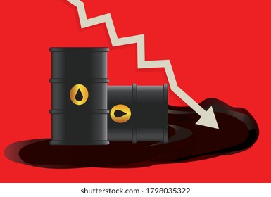 crude oil price down concept, crisis, oil price fall down, oil leaked from barrel with down arrow, red background, illustration,