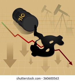 Crude oil price fall down abstract illustration with oil leaked oil from barrel form dollar sign