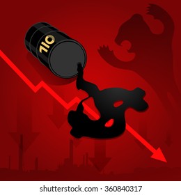 Crude oil price fall down abstract illustration with oil leaked oil from barrel form dollar sign