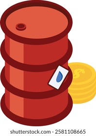 Crude Oil price isometric Concept, Barrel with Dollar Coin Vector color Icon Design, Oil and Gas industry Symbol, Petroleum and gasoline Sign, Service and supply stock illustration