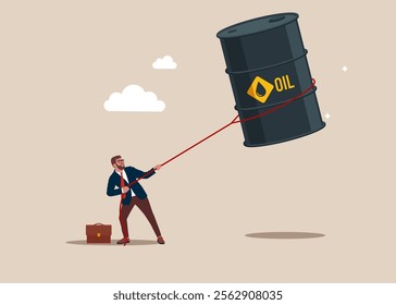 Crude oil price soaring sky high hit new high record concept. Inflation, price rise, money value decrease, oil barrel. Flat vector illustration.