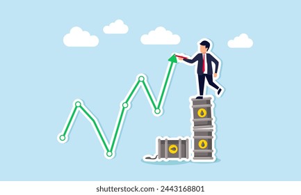 Crude oil prices surge post-crisis due to high demand in energy sector, concept of Trader stands on oil gallons, illustrating upward price trend