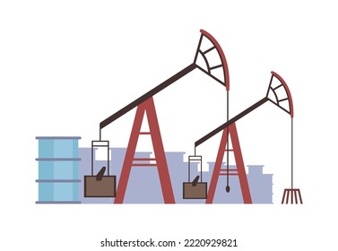 Crude oil production, isolated factory or industry with machines and equipment. Natural renewable resources, unrefined petroleum. Vector in flat style