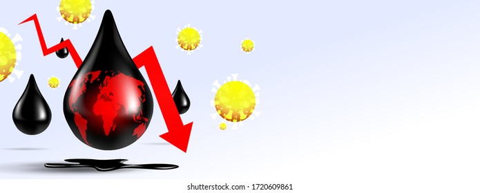 crude oil with red arrow down caused corona virus and covid-19. Oil crisis 2020