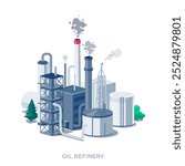 Crude oil refinery power plant station with tank facility aerial isometric view. Factory producing gas, diesel, petroleum burning fossil fuel and emissions. Flat isolated vector illustration on white.