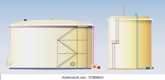 Crude Oil Storage Tanks And A Water Reservoir / Two Vertical Steel Tanks Of Large Volume (Tanks For Oil, Gasoline, Benzine, Fuel And Water)