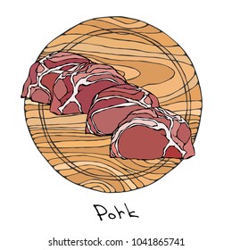 Crude Pork Slices on a Round Wooden Cutting Board. Pig Cuts. Meat Guide for Butcher Shop or Steak House Restaurant Menu. Fresh Ingredient. Hand Drawn Illustration. Savoyar Doodle Style.