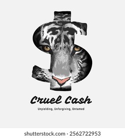 cruel cash slogan with black and white tiger face in dollar sign vector illustration