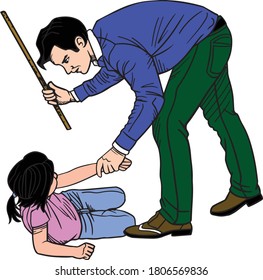 A Cruel Father Hits His Daughter With A Stick. Violent Man. Violence Against Children. Domestic Violence. Vector