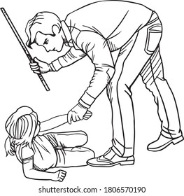 A Cruel Father Hits His Daughter With A Stick. Violent Man. Violence Against Children. Domestic Violence . Coloring Page