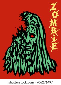 Cruel green face of zombie woman. Vector illustration. Scary head of female character. The horror genre. Red background.