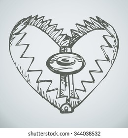 Cruel lever scratch teeth shut mouth jaw deadfall icon pitfall symbol isolated on white backdrop. Freehand ink hand drawn picture sketch in art antique scribble style. Closeup view with space for text