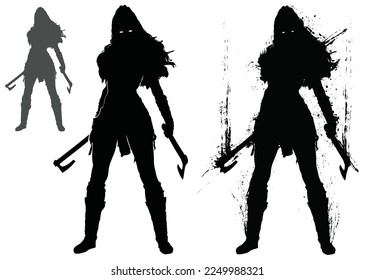 A cruel and terrifying Scandinavian Viking girl stands in a defiant pose with two axes in her hand, she has a muscular body and demonic glowing eyes 2d blob silhouette art svg