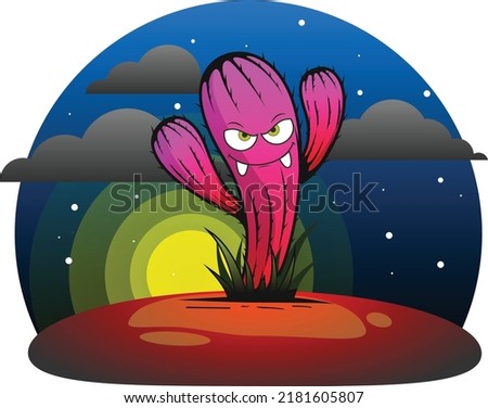 cruel though angry isolated waving cactus on desert in the night with moon