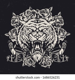 Cruel tiger head vintage concept with roses and crossed metal tattoo machines on dark background isolated vector illustration