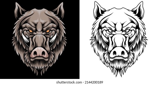 Cruel wild boar colorful vintage template isolated vector illustration