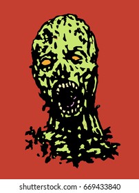 Cruel zombie head. Horror image. Vector illustration