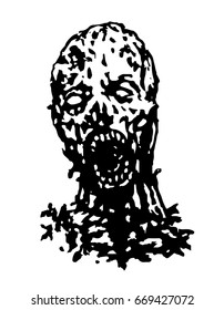 Cruel zombie head. Vector illustration. Black and white colors.