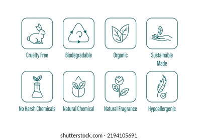 cruelty free, biodegradable, organic, sustainable made, no harsh chemicals, natural chemical, natural fragrance, hypoallergenic icon set vector illustration 