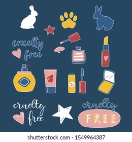 Cruelty free clipart collection. Stop animal testing concept. Cosmetics, rabbit, perfume, lipstick, blush, foundation, nail polish, mascara. Vector illustration.