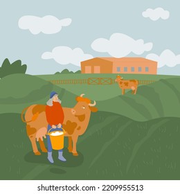 Cruelty Free Cow Protection Model. Friends Not Food. Cute Spotted Cow Stands Near The Milk Maid. Happy Animal Friend, No Cruelty, Vegetarianism Concept. Isolated Vector Illustration. Vector Background