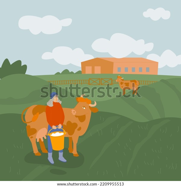 Cruelty free cow protection model. Friends not\
food. Cute spotted cow stands near the milk maid. Happy animal\
friend, no cruelty, vegetarianism concept. Isolated vector\
illustration. Vector\
background