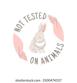 Cruelty free doodle hand drawn icon. Not tested on animals logo sticker for animal friendly product packaging. Cute cartoon rabbit in hands with text. Vegan eco cosmetics. Simple colorful round badge