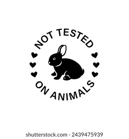 Cruelty free icon. Not tested on animals logo sticker for animal friendly product packaging. Cute little rabbit with text in circle. Vegan eco cosmetics ingredients list. Black and white illustration