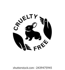 Cruelty free icon. Not tested on animals logo sticker for animal friendly product packaging. Cute little rabbit with text in circle. Vegan eco cosmetics ingredients list. Black and white illustration