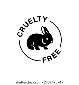 Cruelty free icon. Not tested on animals logo sticker for animal friendly product packaging. Cute little rabbit with text in circle. Vegan eco cosmetics ingredients list. Black and white illustration