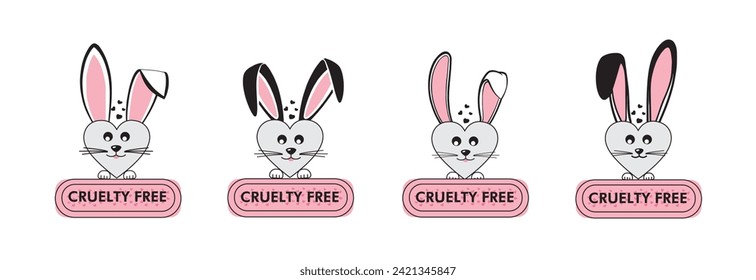 cruelty free icon set, bunny cruelty free symbols, set of 4 cruelty free badge, tags, labels,  no animal tested, Set of black andpnk icons with a rabbit (bunny) and titles "Cruelty Free"