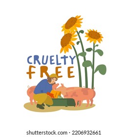 Cruelty free label. Friends not food sticker. Cute spotted pigs stand near the feed-trough. Happy animal friend, no cruelty, vegetarianism concept. Vector illustration isolated on a white background