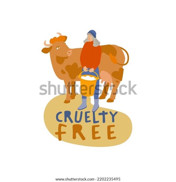 Cruelty free label. Friends not food sticker.
Cute spotted cow stands near the milk maid. Happy animal friend, no
cruelty, vegetarianism concept. Vector illustration isolated on a
white background