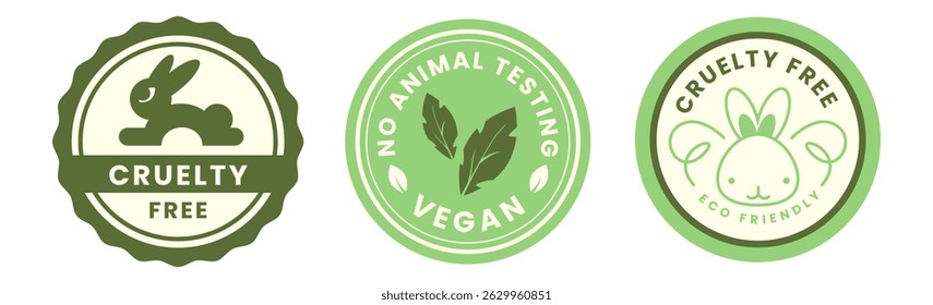 Cruelty Free label, logo, badge, icon, sticker, symbol, emblem, stamp, green, line, flat. Cruelty free not tested on animals label for product packaging design.Vector  Illustration set