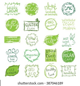 Cruelty free, not tested on animals, eat local, healthy food, eco, organic bio, gluten free, vegetarian, vegan labels. Blurred rural background. Vector restaurant menu logo, badges templates