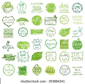 Cruelty free, not tested on animals, eat local, healthy food, eco, organic bio, gluten free, vegetarian, vegan labels. Blurred rural background. Vector restaurant menu logo, badges templates