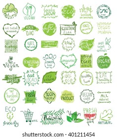 Cruelty free, not tested on animals, eat local, healthy food, eco, organic bio, gluten free, vegetarian, vegan labels. Blurred rural background. Vector restaurant menu logo, badges templates