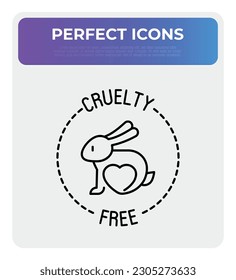 Cruelty free sign. Thin line icon of rabbit with heart. Symbol for beauty product. Modern vector illustration.