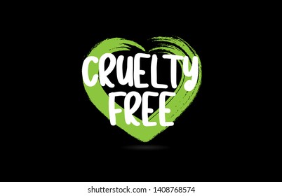 cruelty free text word on black background with green love heart shape suitable for icon, badge or typography logo design