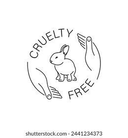 Cruelty free thin line icon. Not tested on animals outline logo sticker for animals friendly product packaging. Cute linear rabbit with text in circle. Vegan eco cosmetics. Simple lined badge